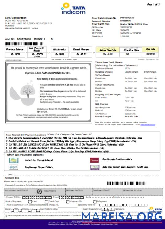 Downloadable Tata Indicom mobile utility business bill, page 1, SCR template